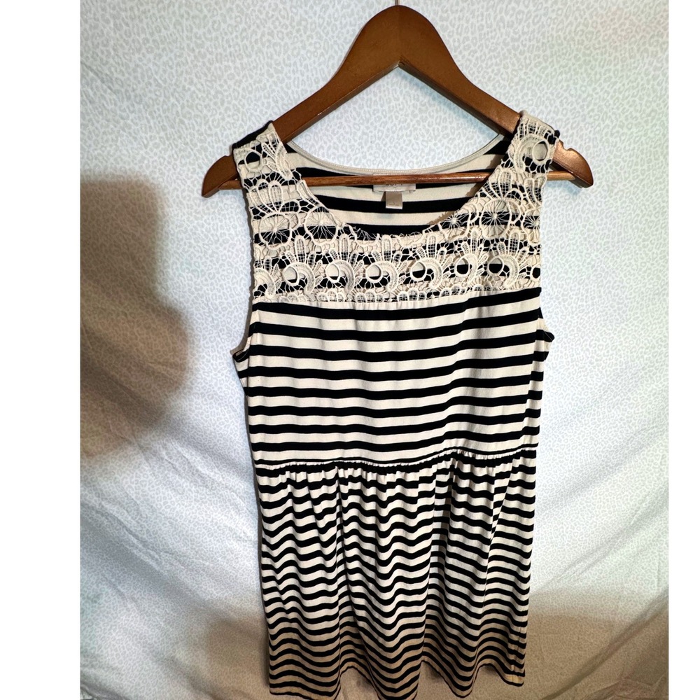 Ann Taylor LOFT Navy Cream Striped Lace Yoke Sleeveless Tunic Top Womens Large